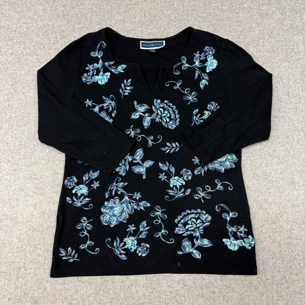 Karen Scott | Embroidered Floral Paisley Top | Size M | Black | 3/4 Sleeve Shirt